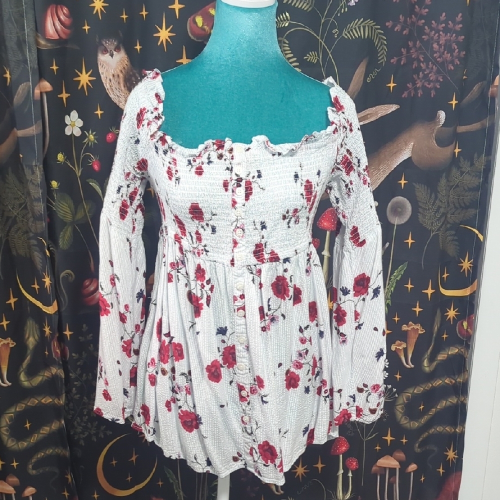 Torrid White and Red Smocked Long Sleeve Blouse